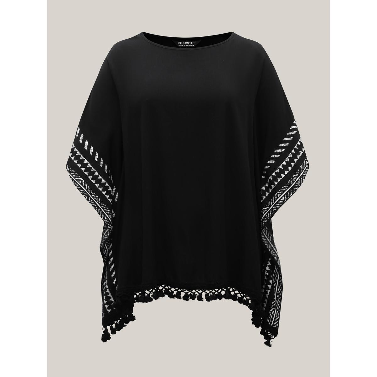 Plus Size Black Rayon Tassels Boho Print Relaxed Blouse Women Boho Elbow-length sleeve Boat Neck Vacation Blouses BloomChic 26/4X Product Image