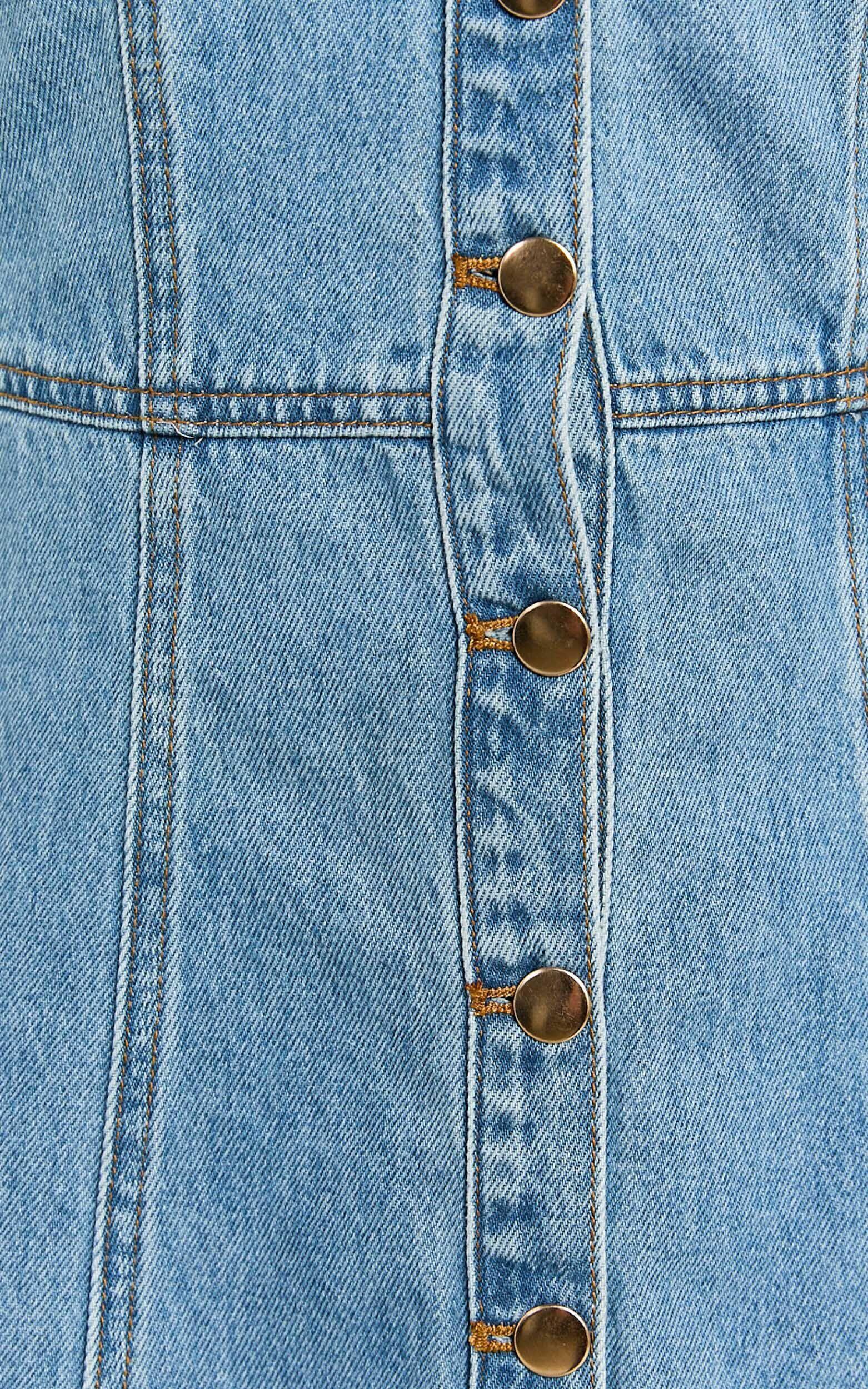 Alena Mini Dress - Sweetheart Button Down Sleeveless Bodycon Denim Dress in Mid Blue Wash Product Image