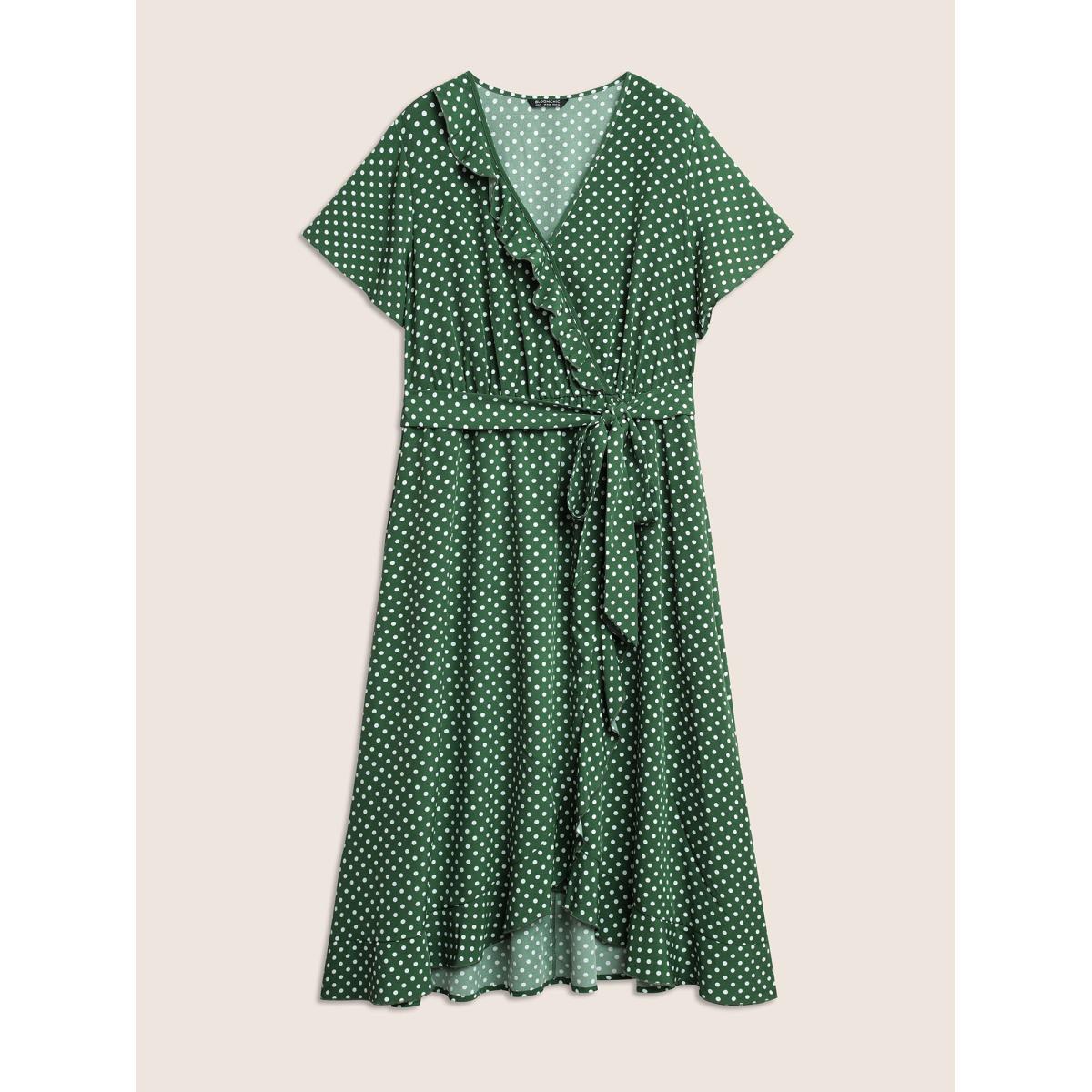 Plus Size Polka Dot Flutter Trim Belted Overlap Collar Dress Green Women Elegant Non Overlap Collar Short sleeve Curvy Midi Dress BloomChic 18-20/2X Product Image