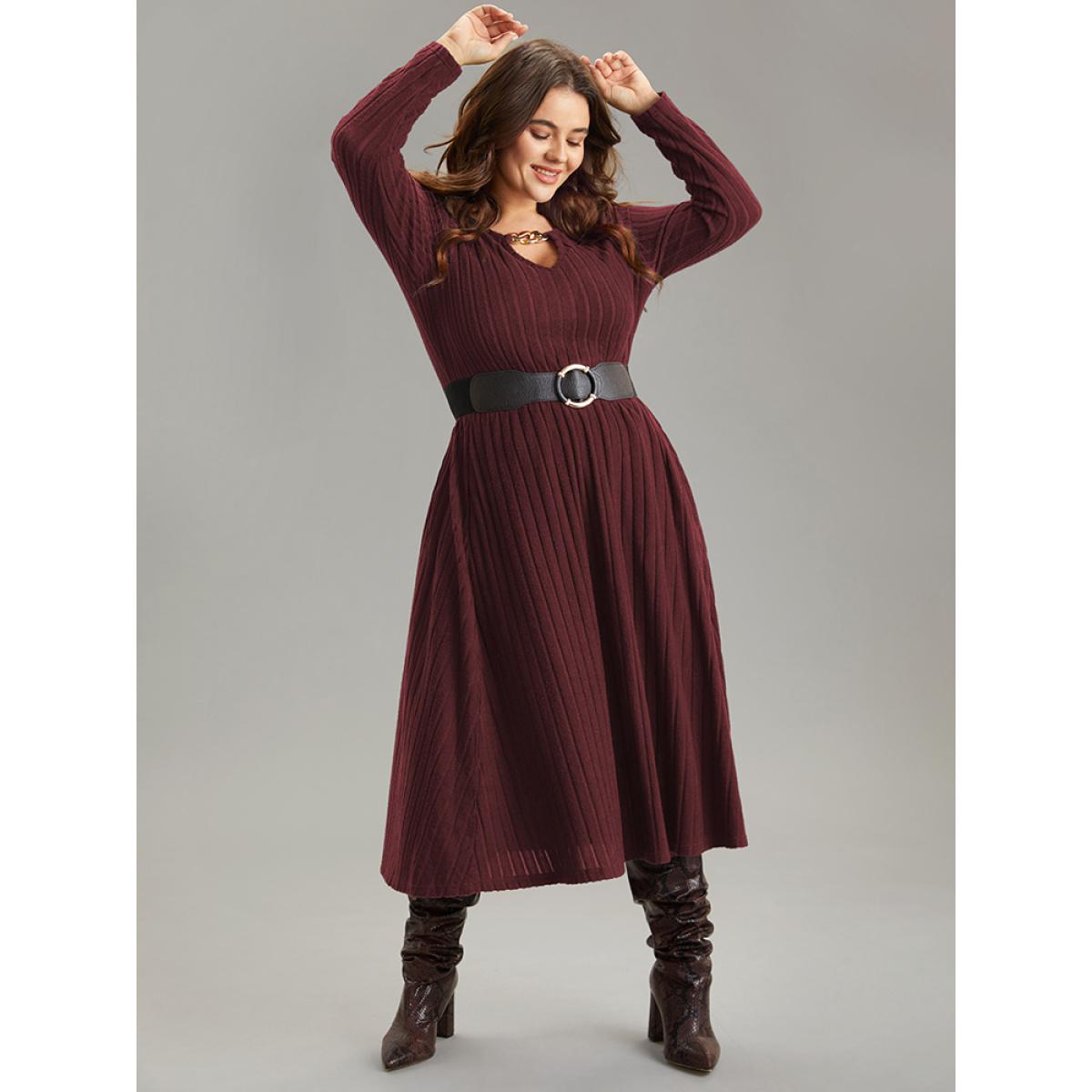 Plus Size Rib Knit Plain Notched Pocket Dress Scarlet Women Work From Home Rib Knit Notched collar Long Sleeve Curvy Midi Dress BloomChic 18-20/2X Product Image