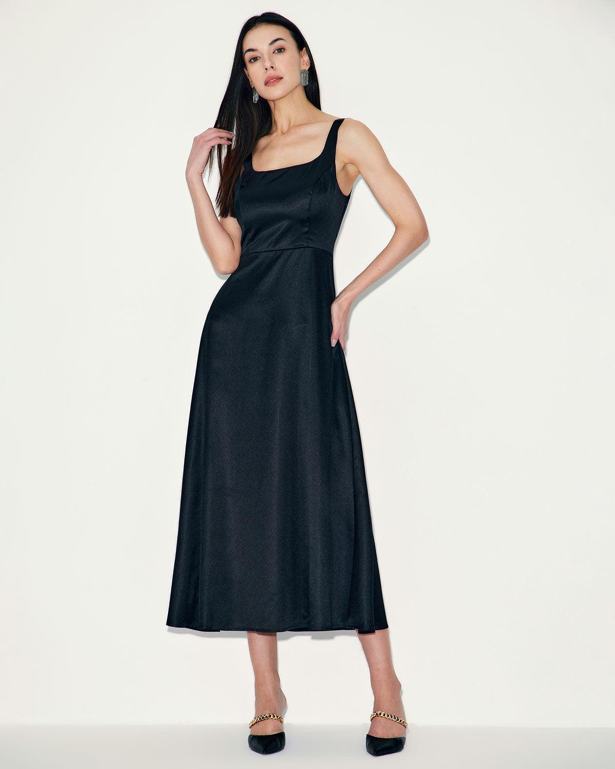 Black Satin A-Line Slip Maxi Dress Product Image
