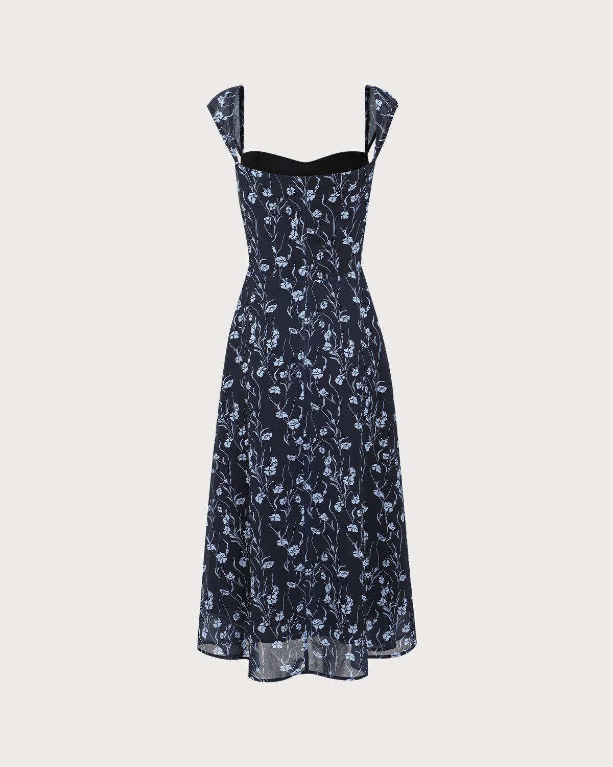 Navy Floral Sweetheart Neck Midi Dress Product Image