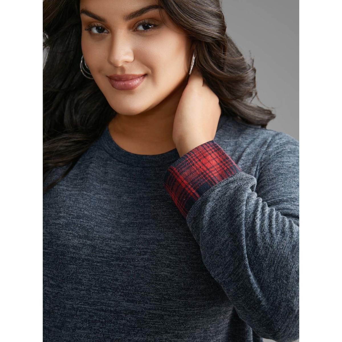 Plus Size Round Neck Plaid Patchwork Heather T-shirt Indigo Women Casual Contrast Round Neck Loose Everyday T-shirts BloomChic 18-20/2X Product Image