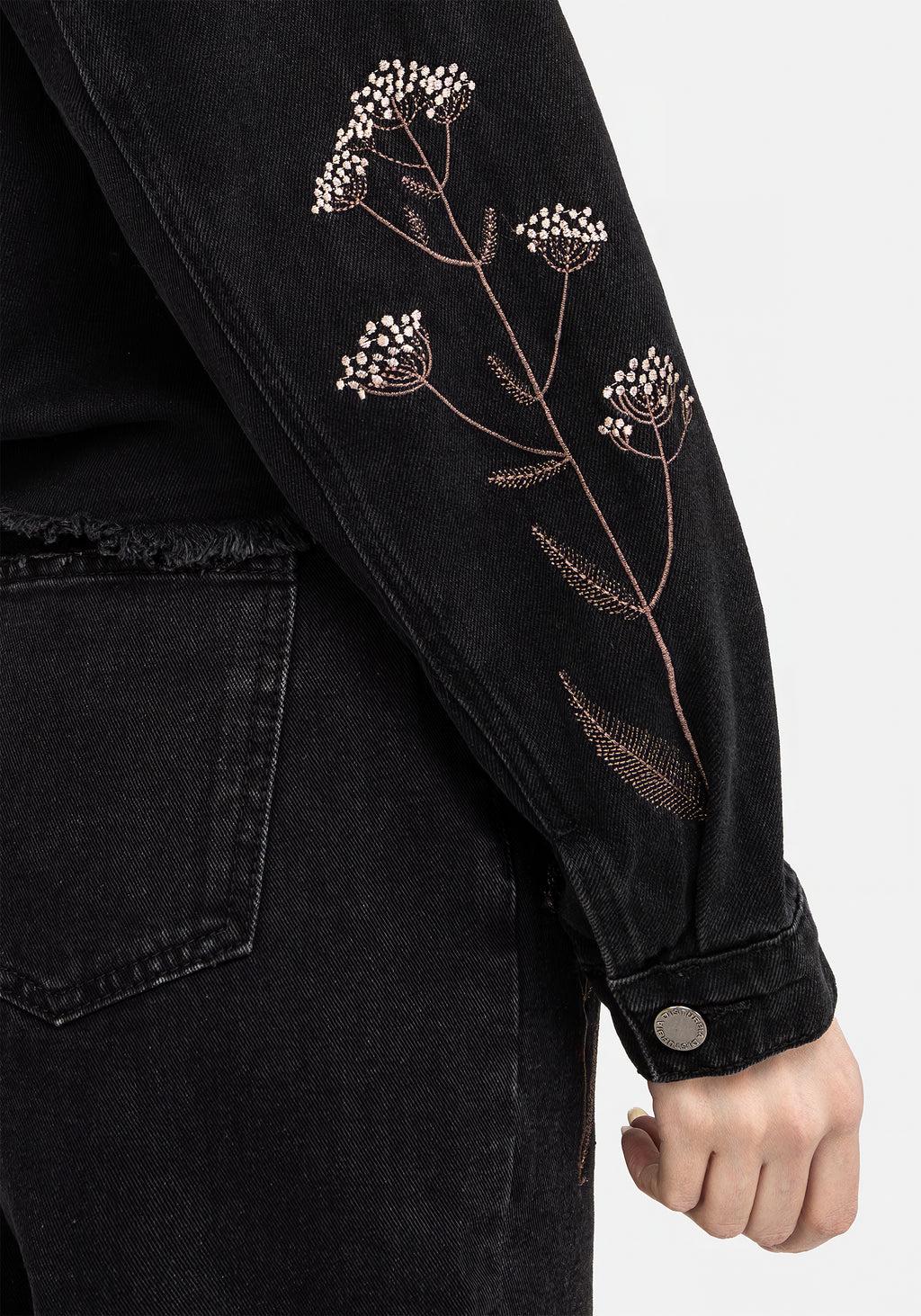 Griffinfly Embroidered Distressed Denim Jacket Product Image
