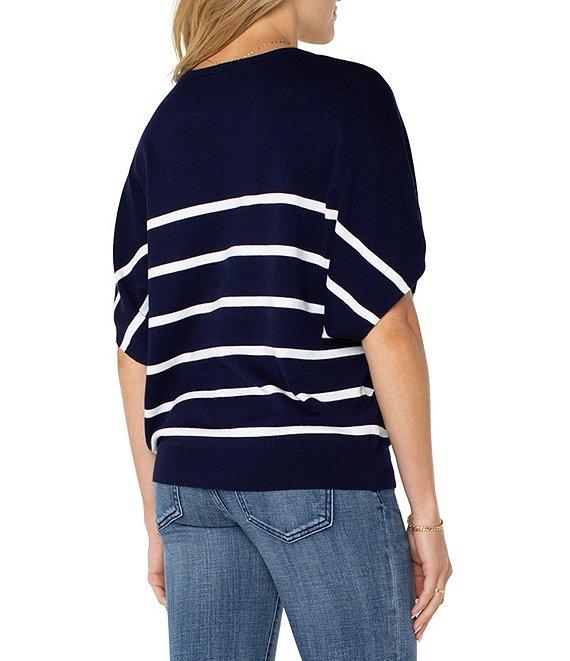 Liverpool Los Angeles Horizontal Stripe V-Neck Dolman Short Sleeve Sweater Product Image