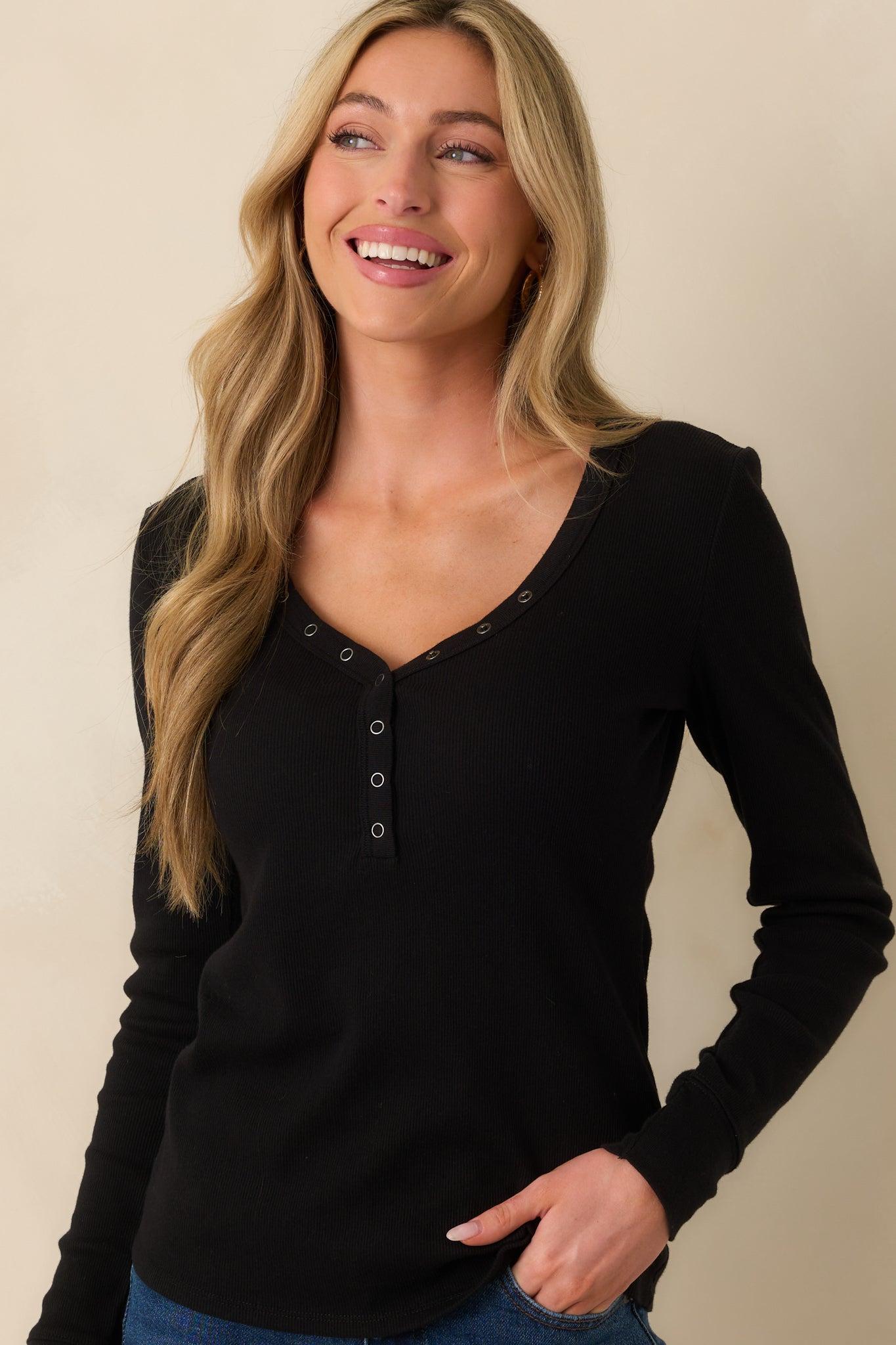 Everyday Envy Black Ribbed Cotton Long Sleeve Henley Tee L / Black Product Image