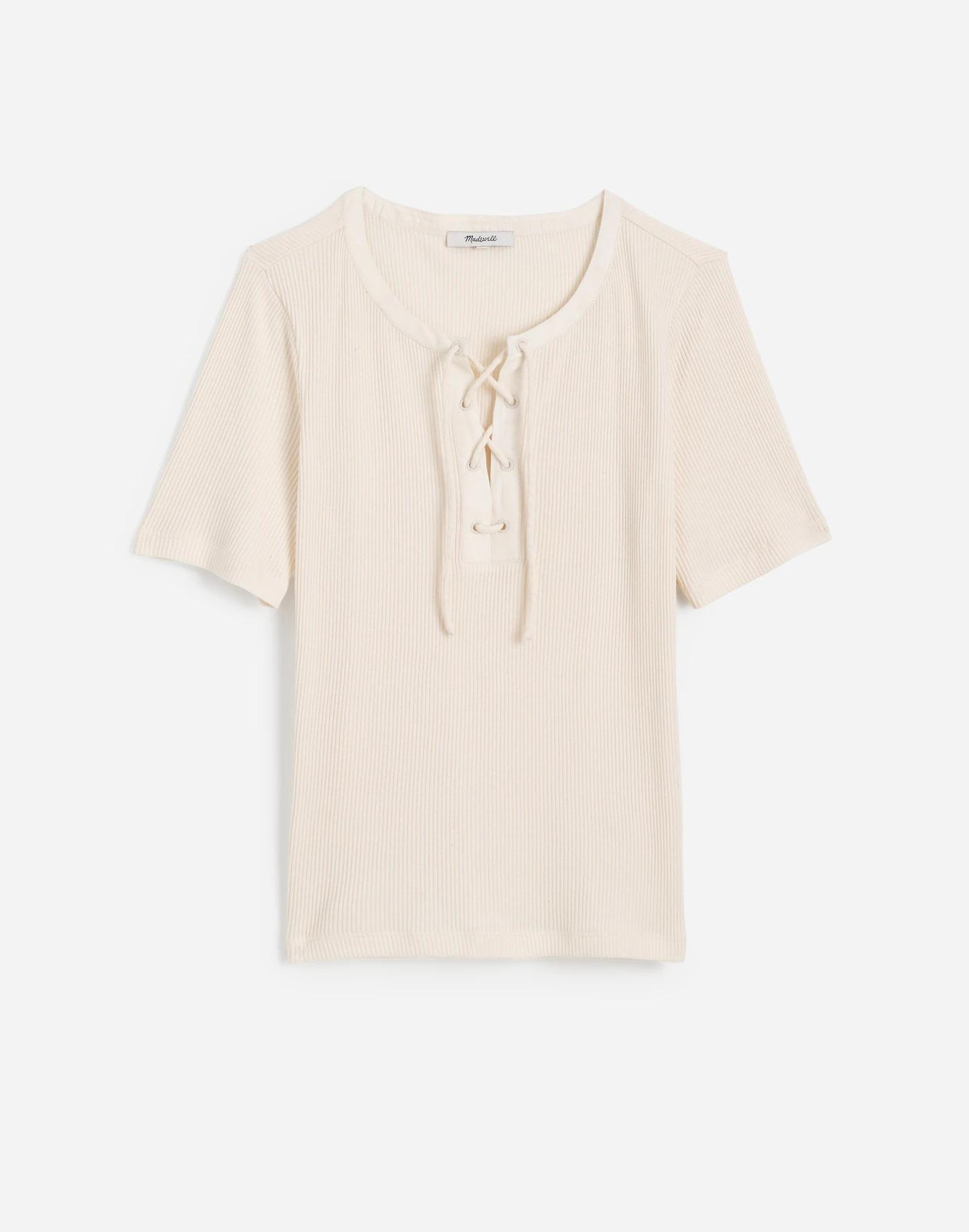 Ribbed Lace-Up Short-Sleeve Tee Product Image