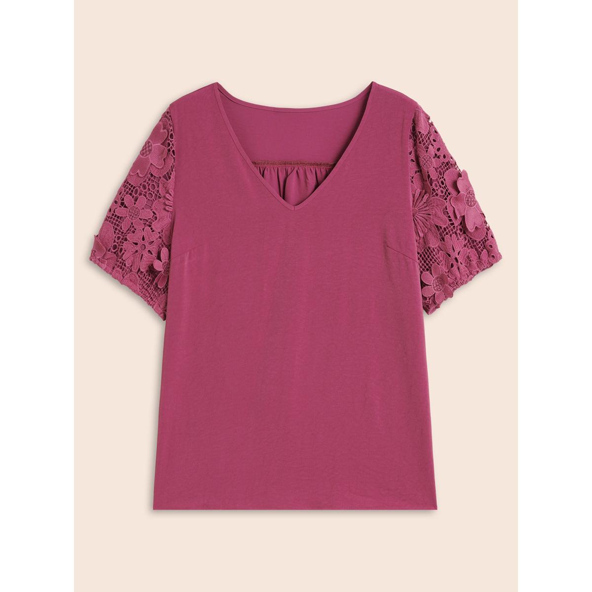 Plus Size RedViolet V Neck Lace Panel Slit Hem Blouse Women Elegant Long Sleeve V-neck Everyday Blouses BloomChic 12/L Product Image