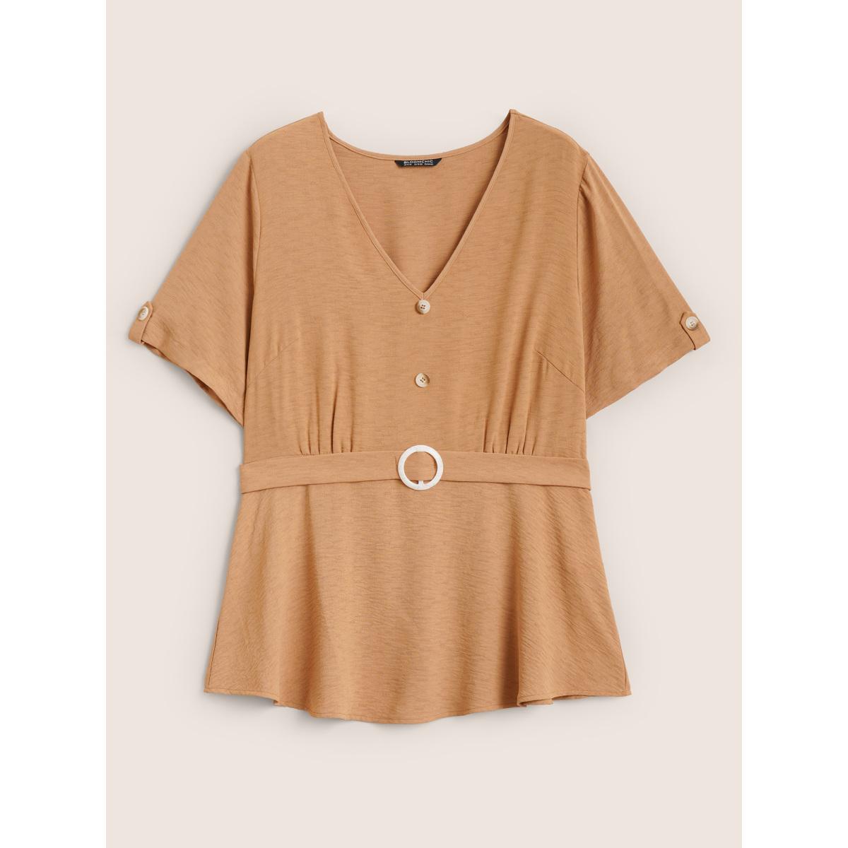 Plus Size LightBrown V Neck Buckle Detail Tab Sleeve Blouse Women Work From Home Short sleeve V-neck Work Blouses BloomChic 10/M Product Image