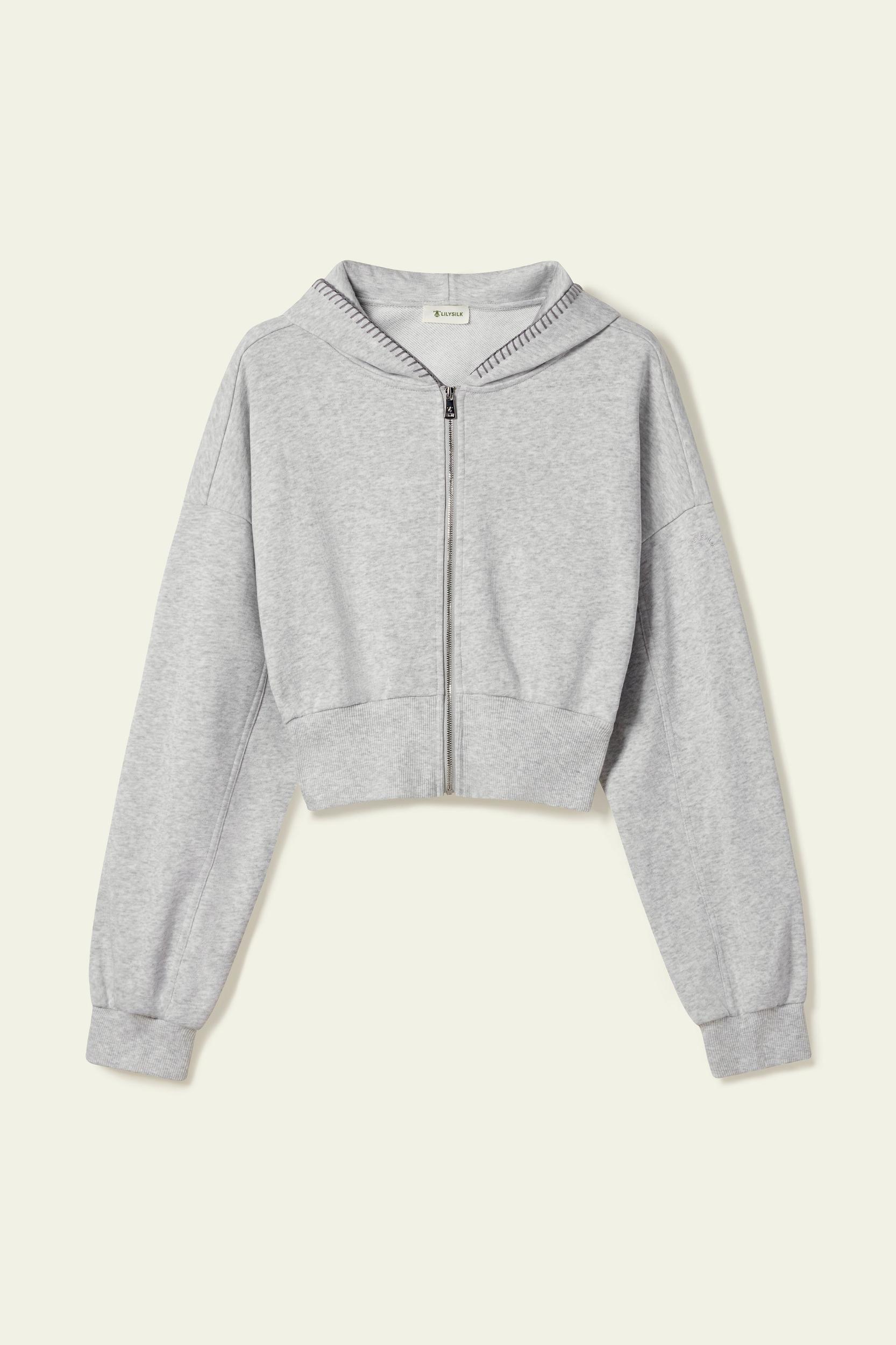 LILYSILK SILKERRY Womens Cropped Zip Up Hoodie | 100% Silk Loops | Cozy Zip-Up Jacket | Espresso L Product Image