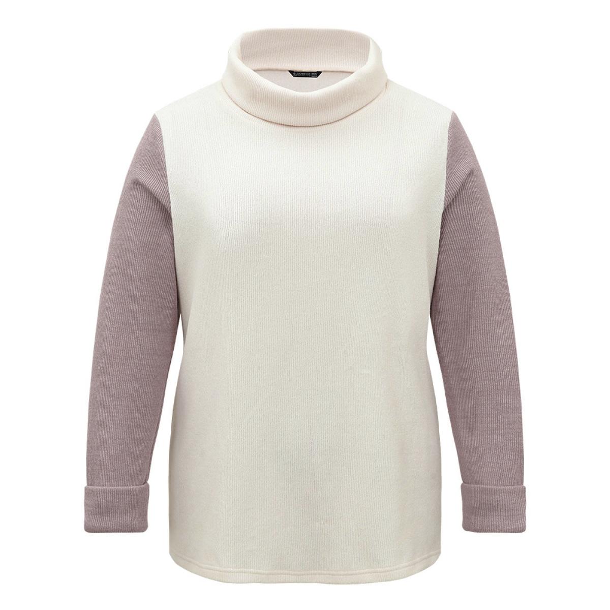 Plus Size Two Tone Turtle Neck Patchwork Sweatshirt Women White Casual Texture Turtleneck Dailywear Sweatshirts BloomChic 10/M Product Image