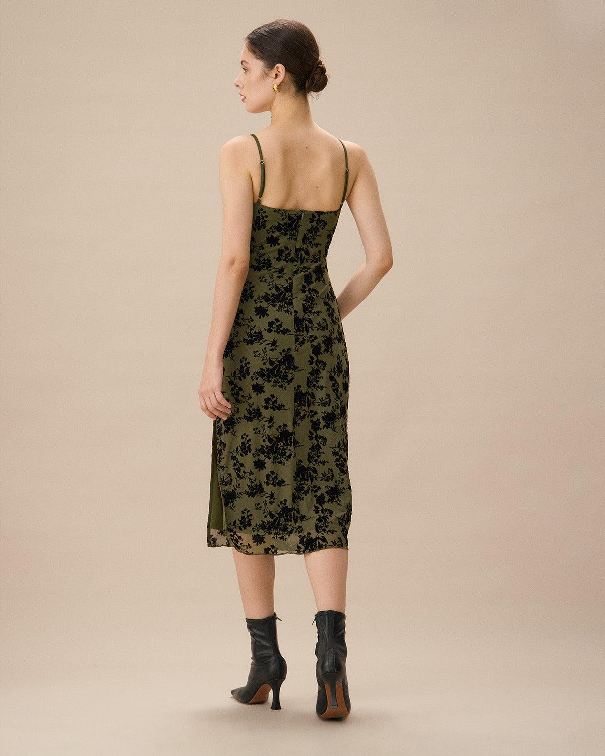 Green Jacquard Ruched Slit Midi Dress Product Image