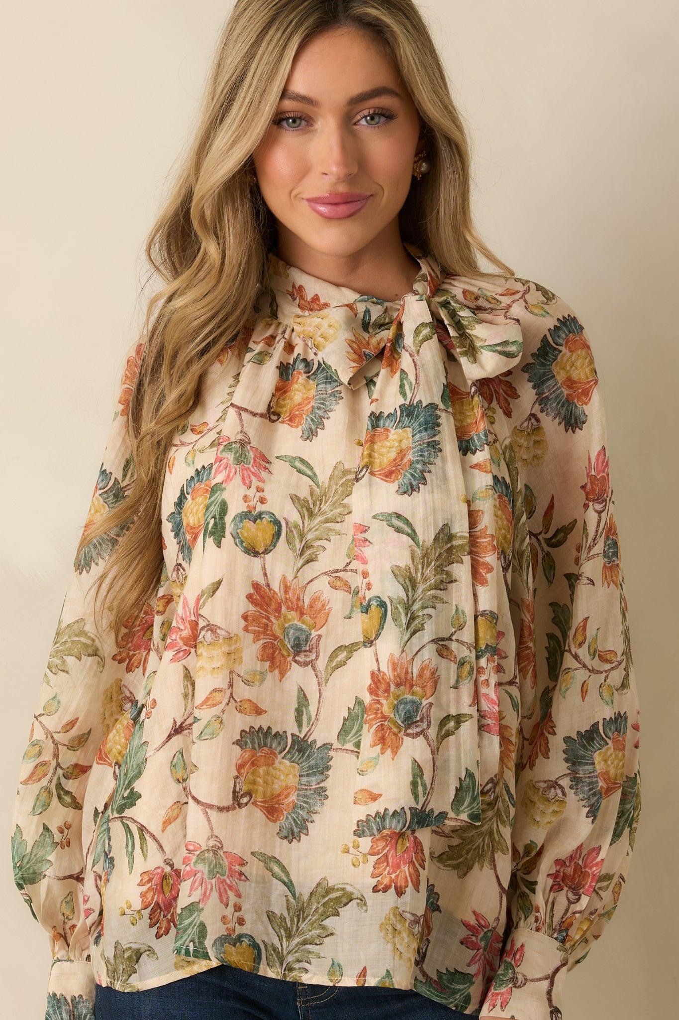Fields of Grace Beige Multi Floral Print Cotton Bow Blouse L / Beige Product Image