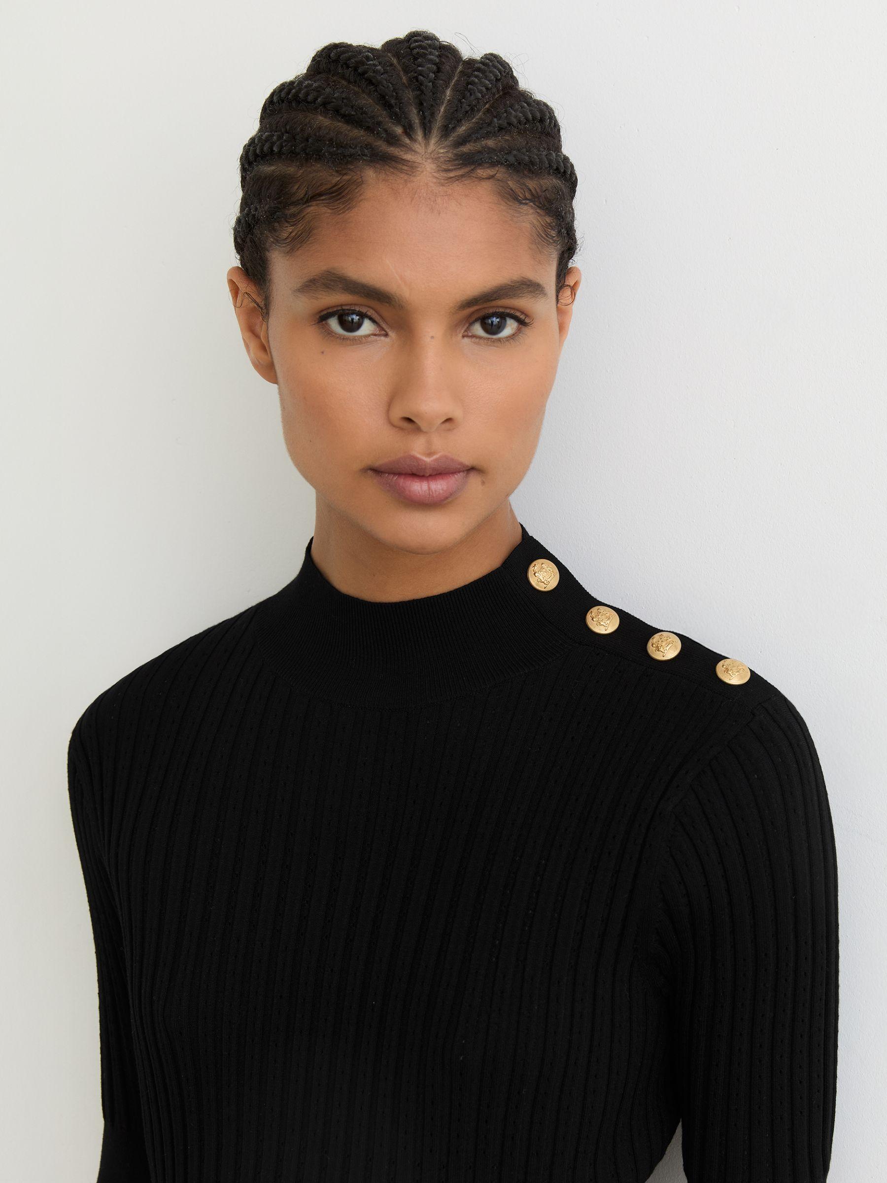 Petite Button-Detail Knitted Midi Dress in Black Product Image