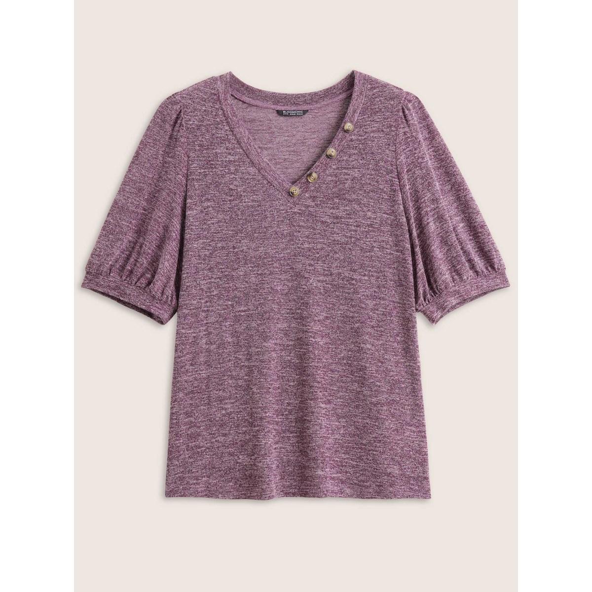 Plus Size Heather Button Detail Puff Sleeve T-shirt Purple Women Casual Gathered Plain V-neck Everyday T-shirts BloomChic 10/M Product Image