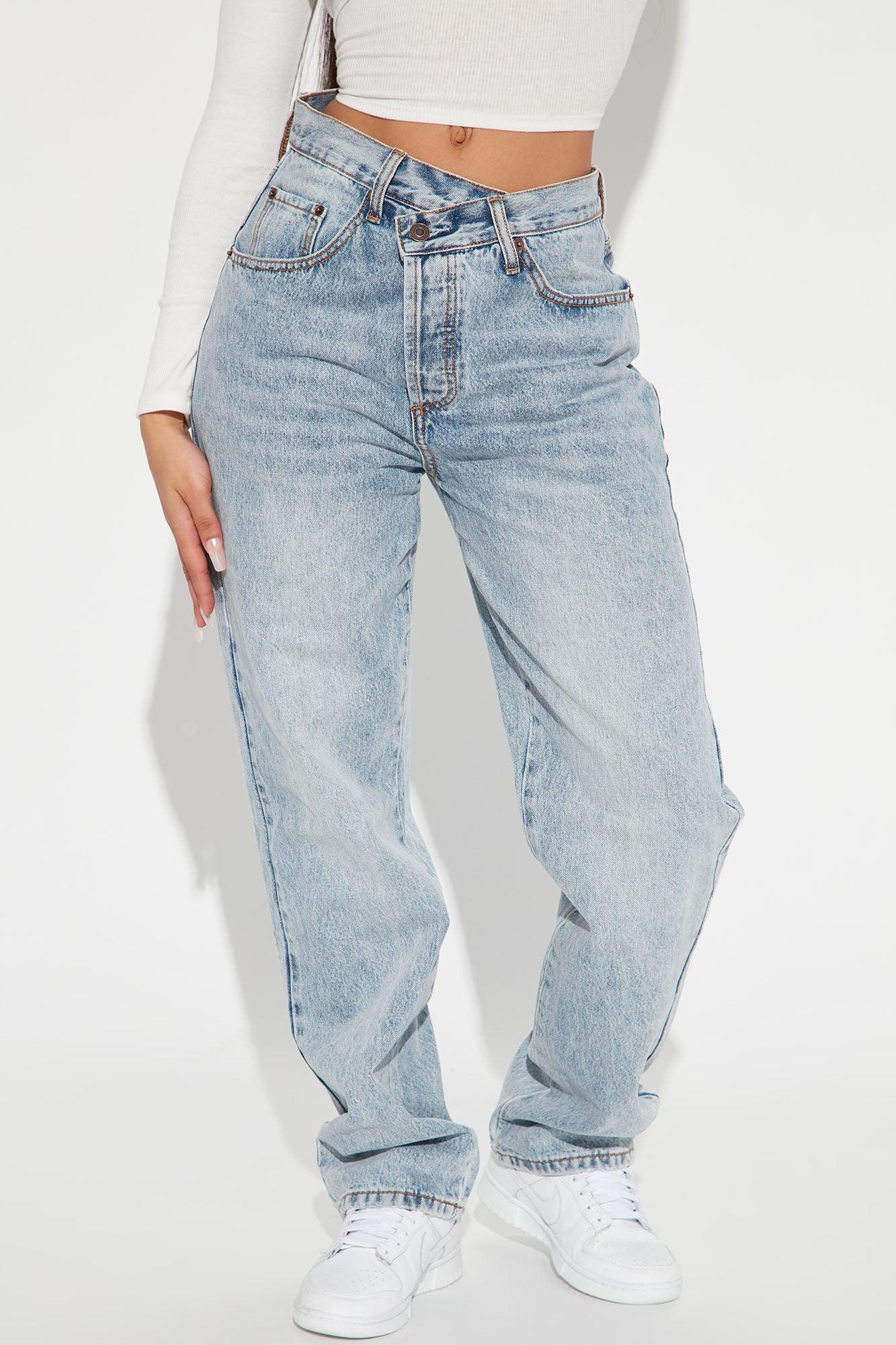 Step Waistband Crossover Jeans - Light Blue Wash Product Image