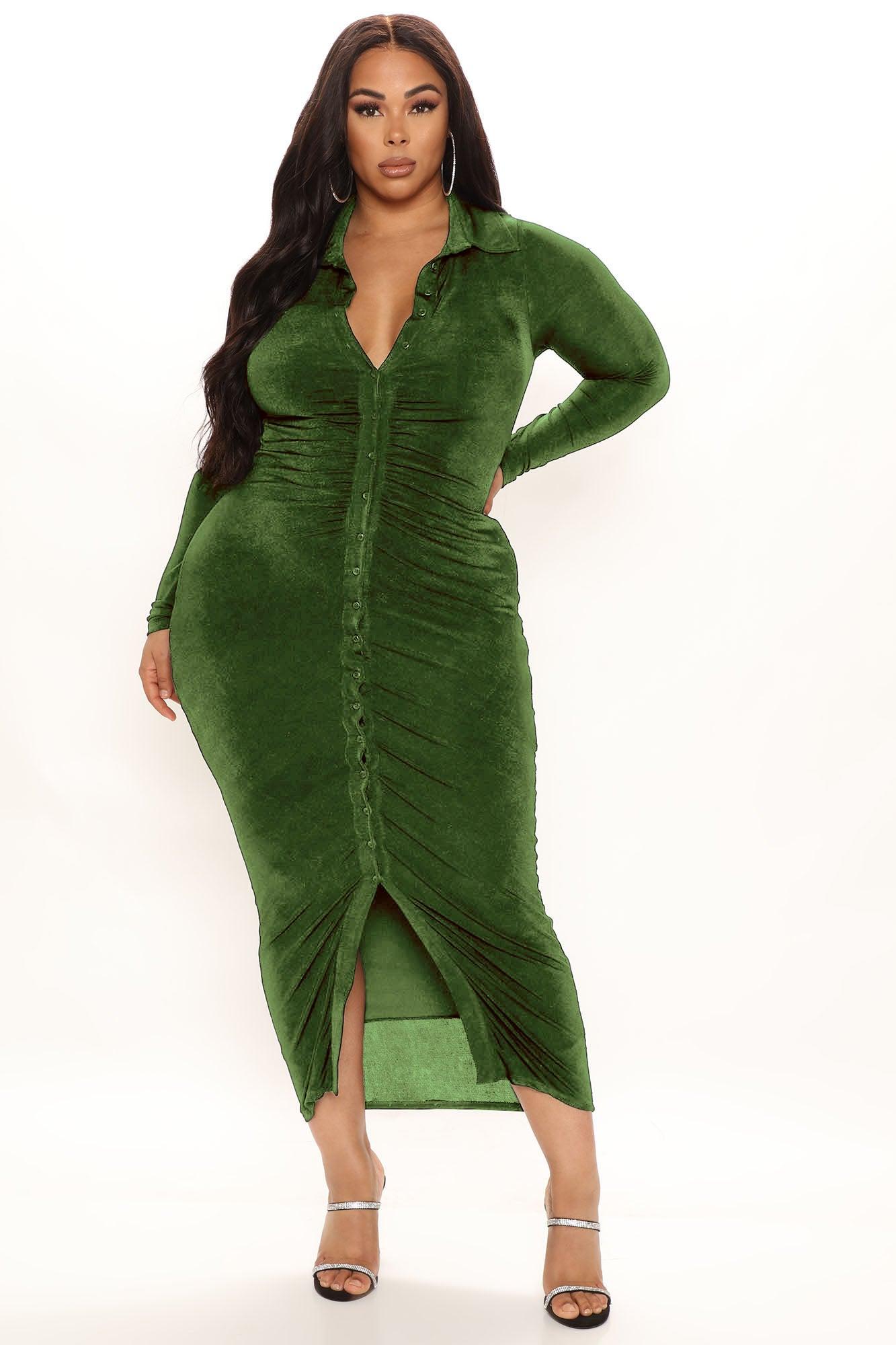 Silky Smooth Long Sleeve Slinky Dress - Olive Product Image
