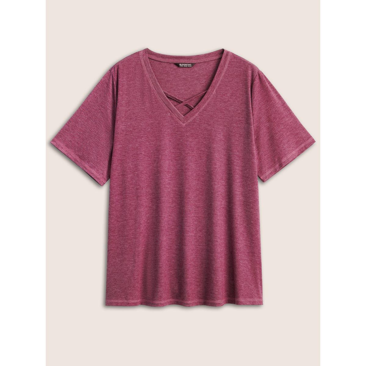Plus Size Solid Crisscross Neck Contrast Stitch T-shirt RedViolet Women Leisure Plain V-neck Casual T-shirts BloomChic 22-24/3X Product Image