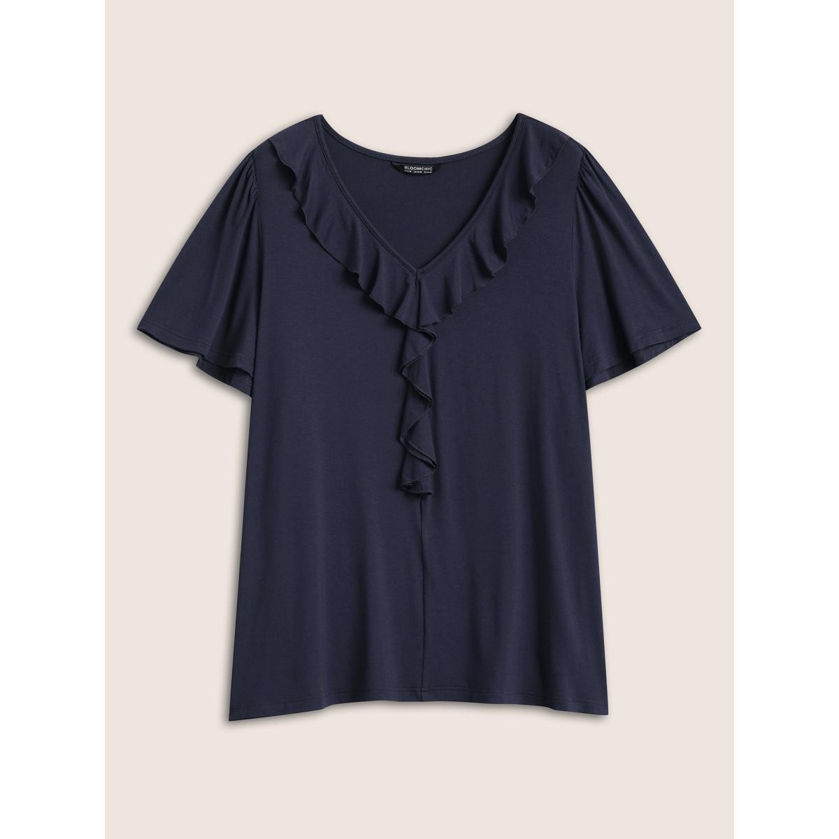 Plus Size Supersoft Essentials Solid Ruffle Trim T-shirt Indigo Women Elegant Non Plain V-neck Everyday T-shirts BloomChic 18-20/2X Product Image