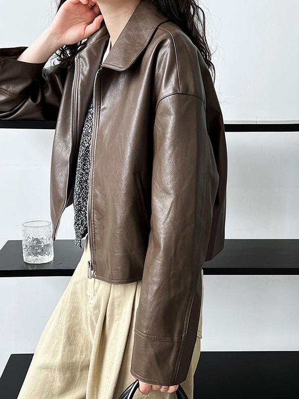 Long Sleeves Loose Solid Color Zipper Lapel Collar Jackets&Coats Outerwear Product Image