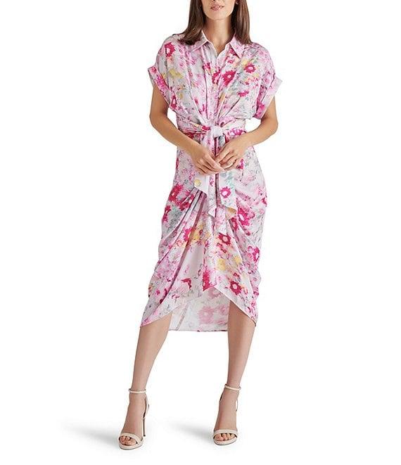 Steve Madden Tori Floral Print Button Down Collar Neck Short Sleeve Satin Midi Dress Product Image