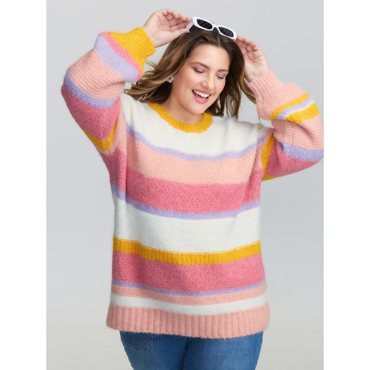 Plus Size Colorblock Textured Ribbed Hem Pullover Blush Women Playful Loose Long Sleeve Round Neck Casual Pullovers BloomChic 18-20/2X Product Image