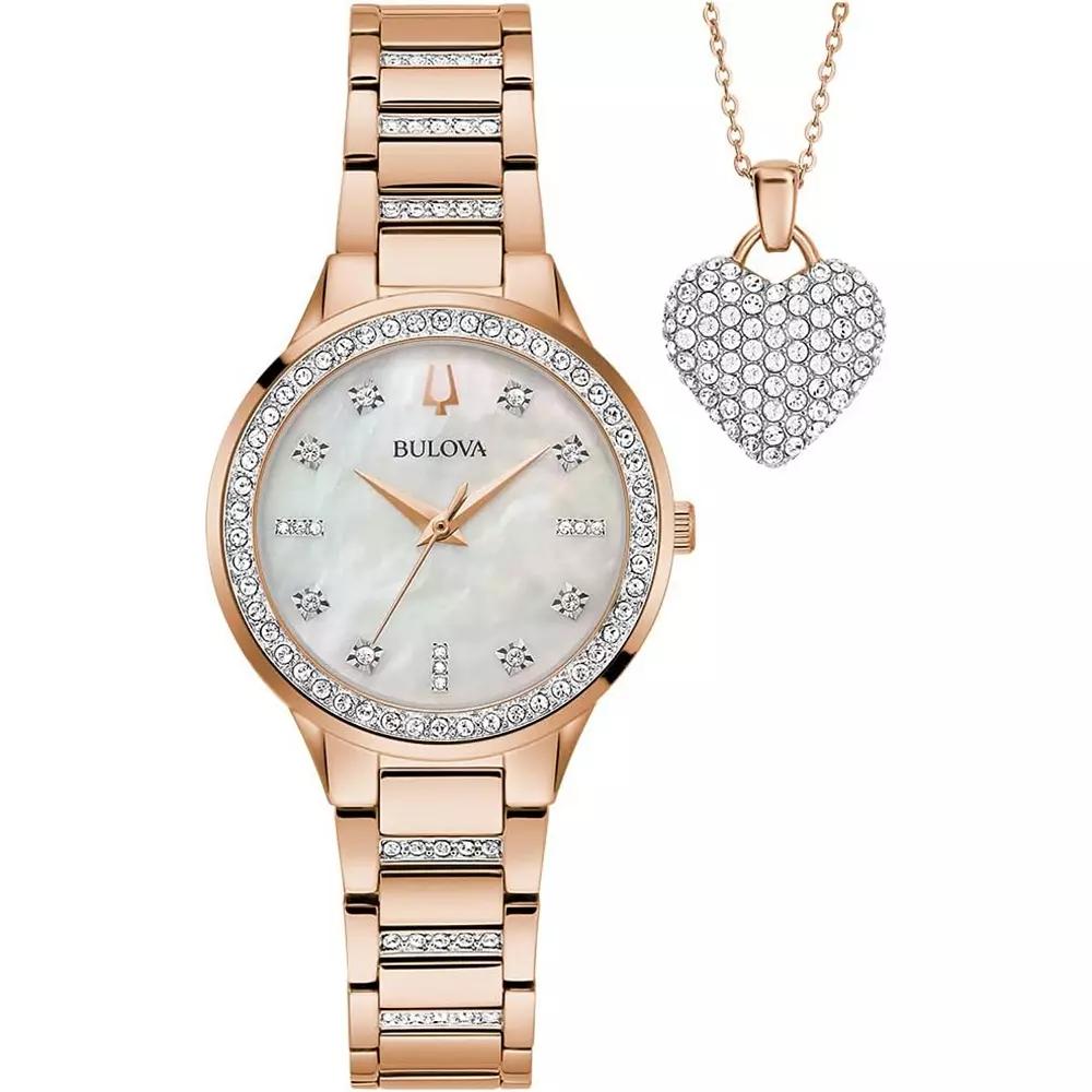 Bulova Womens Rose Gold Tone Stainless Steel Crystal Accent Bracelet Watch & Crystal Heart Necklace Box Set - 98X132 White Product Image