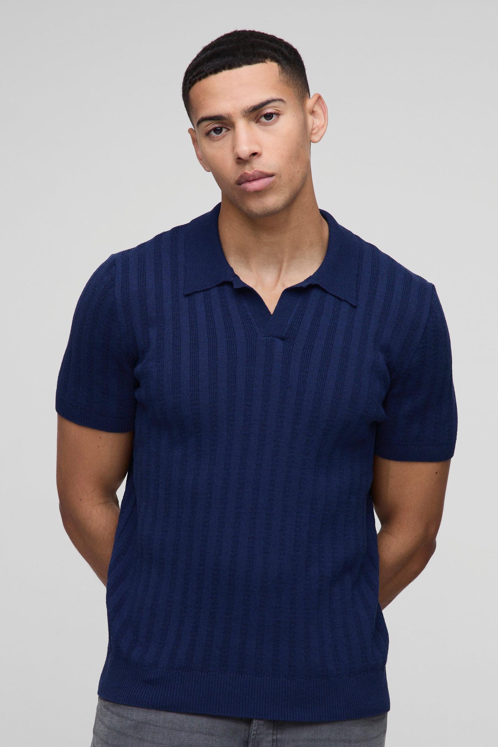 Regular Ribbed Panel Knitted Polo | boohooMAN USA Product Image