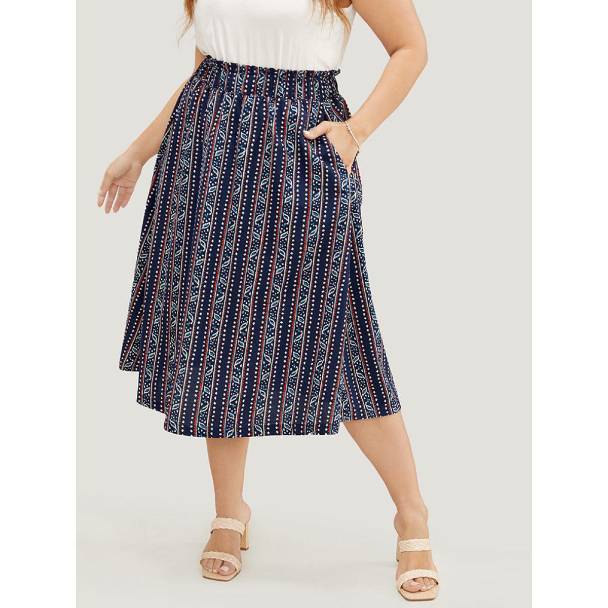 Plus Size Striped Print Pocket Paperbag Waist Skirt Women Indigo Vacation No stretch Pocket Dailywear Skirts BloomChic 18-20/2X Product Image