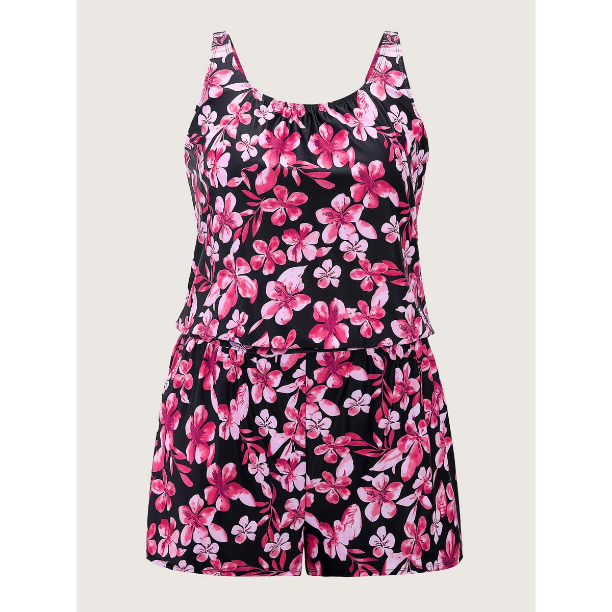 Plus Size Tropical Flower Print Pockets One-Piece Swimsuit Women's Swimwear Rosered Resort Gathered Curve Bathing Suits High stretch One Pieces BloomChic 18-20/2X Product Image