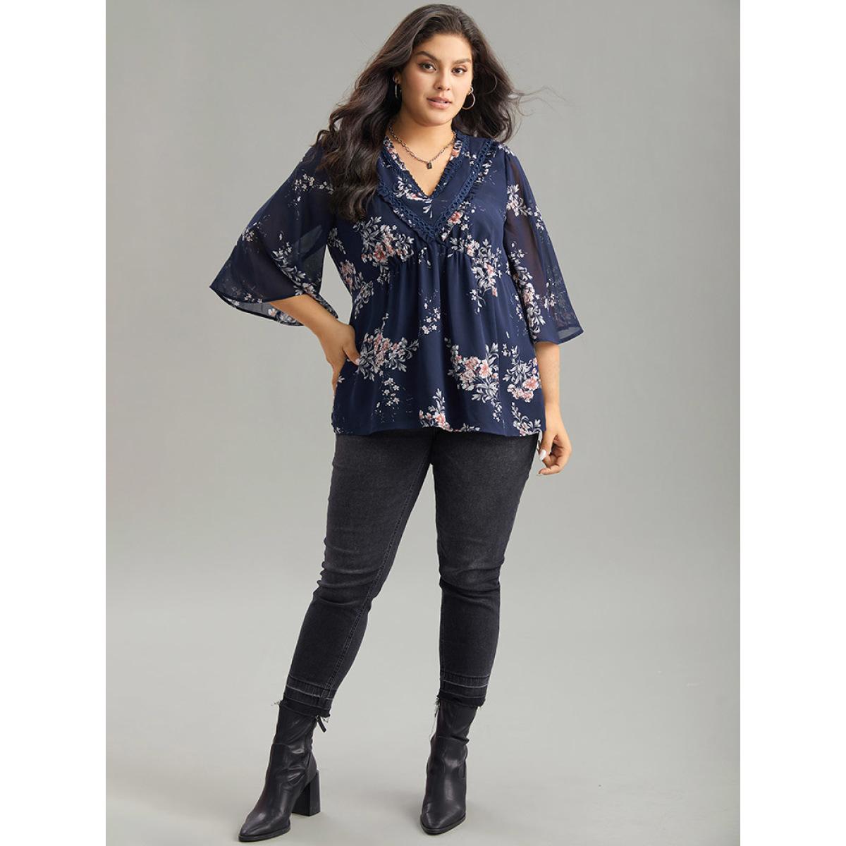 Plus Size Indigo Chiffon Floral Print Frill Trim Ruffle Blouse Women Elegant Half Sleeve V-neck Dailywear Blouses BloomChic 10/M Product Image