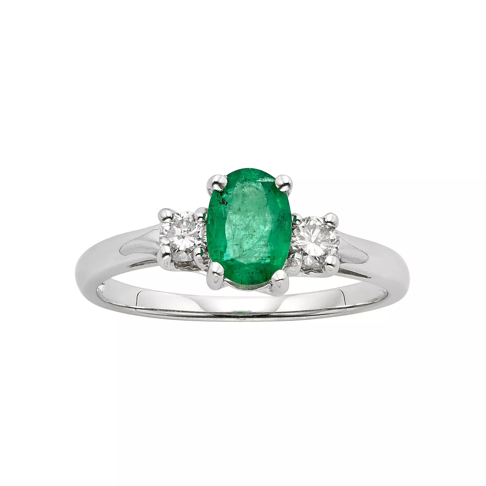 The Regal Collection 14k White Gold Oval Emerald & 1/5 Carat T.W. Diamond 3-Stone Ring, Women's,  Product Image