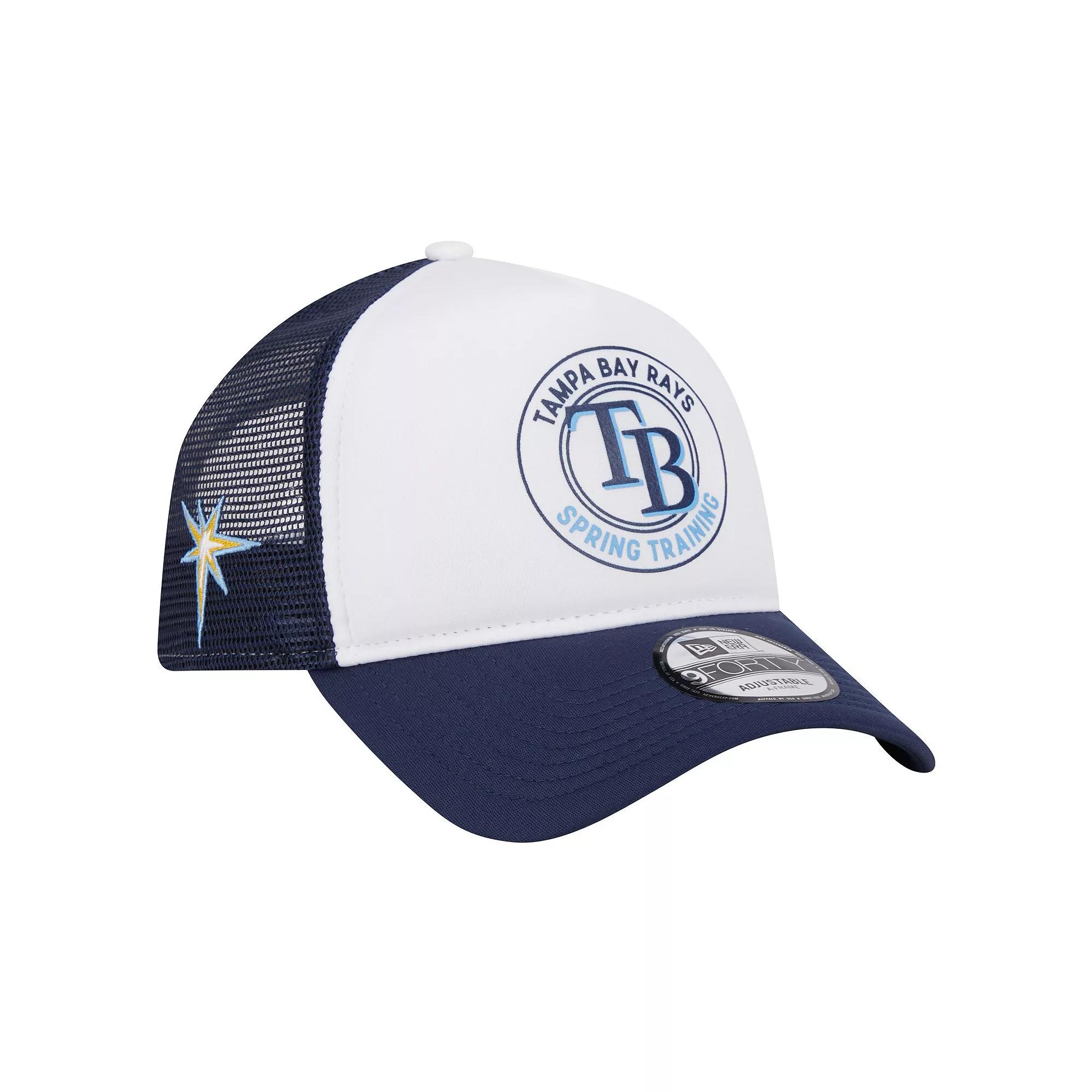 Men's New Era White/Navy Tampa Bay Rays Spring Training Circle Foam A-Frame 9FORTY Trucker Adjustable Hat, Blue Product Image