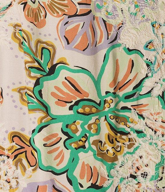 Democracy Petite Size Split V-Neck Crochet Scallop Trim Peplum Top Product Image