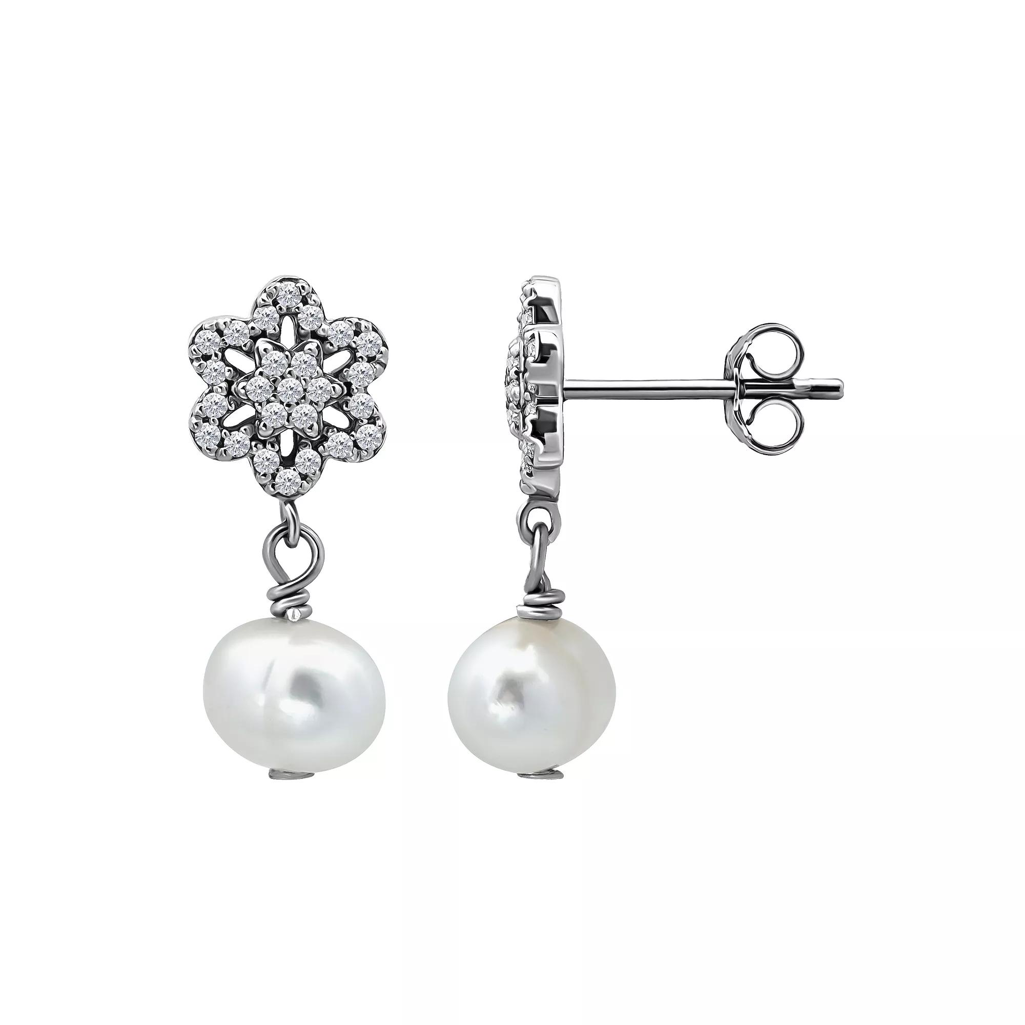 Aleure Precioso Sterling Silver Freshwater Cultured Pearl Drop & Pave Cubic Zirconia Star Post Earrings, Women's, Silver Tone Product Image