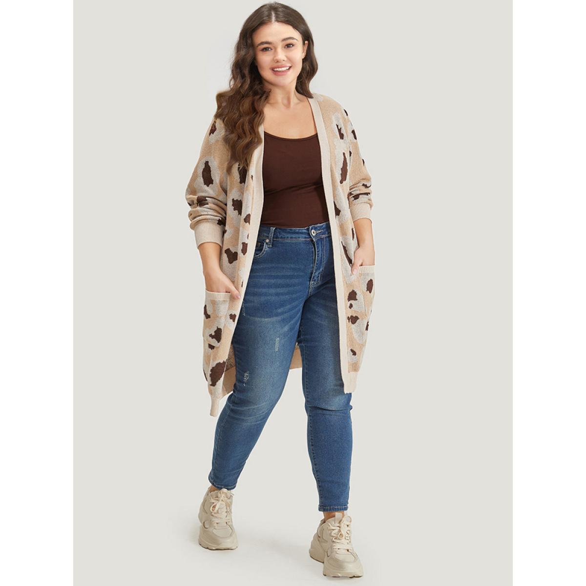 Plus Size Leopard Print Open Front Patched Pocket Cardigan Leopard Women Casual Loose Long Sleeve Dailywear Cardigans BloomChic 12/L Product Image