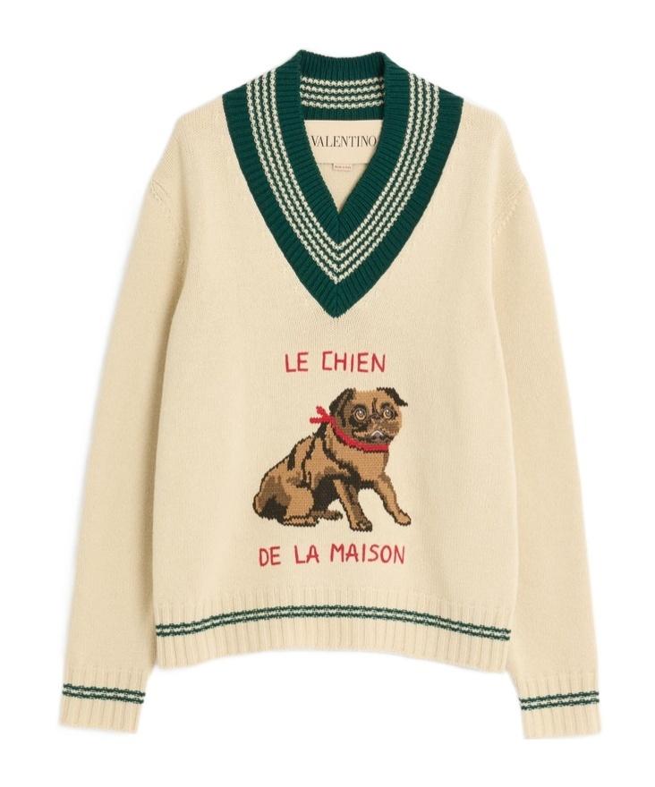 VALENTINO Embroidered V-neck Crewneck Sweater With Ribbed Trim In White Product Image