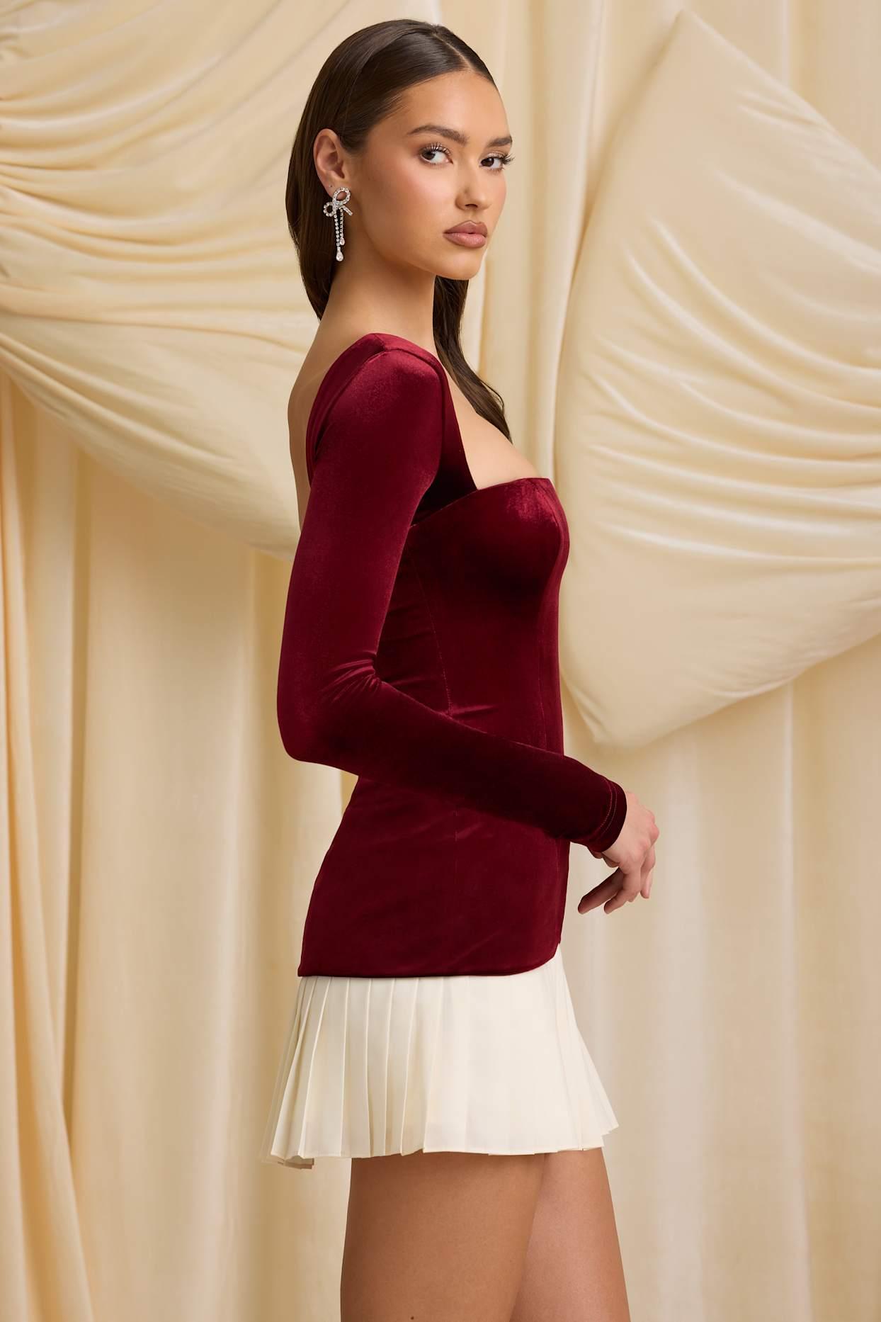 Layered Pleated Corset Mini Dress in Wine Red Product Image