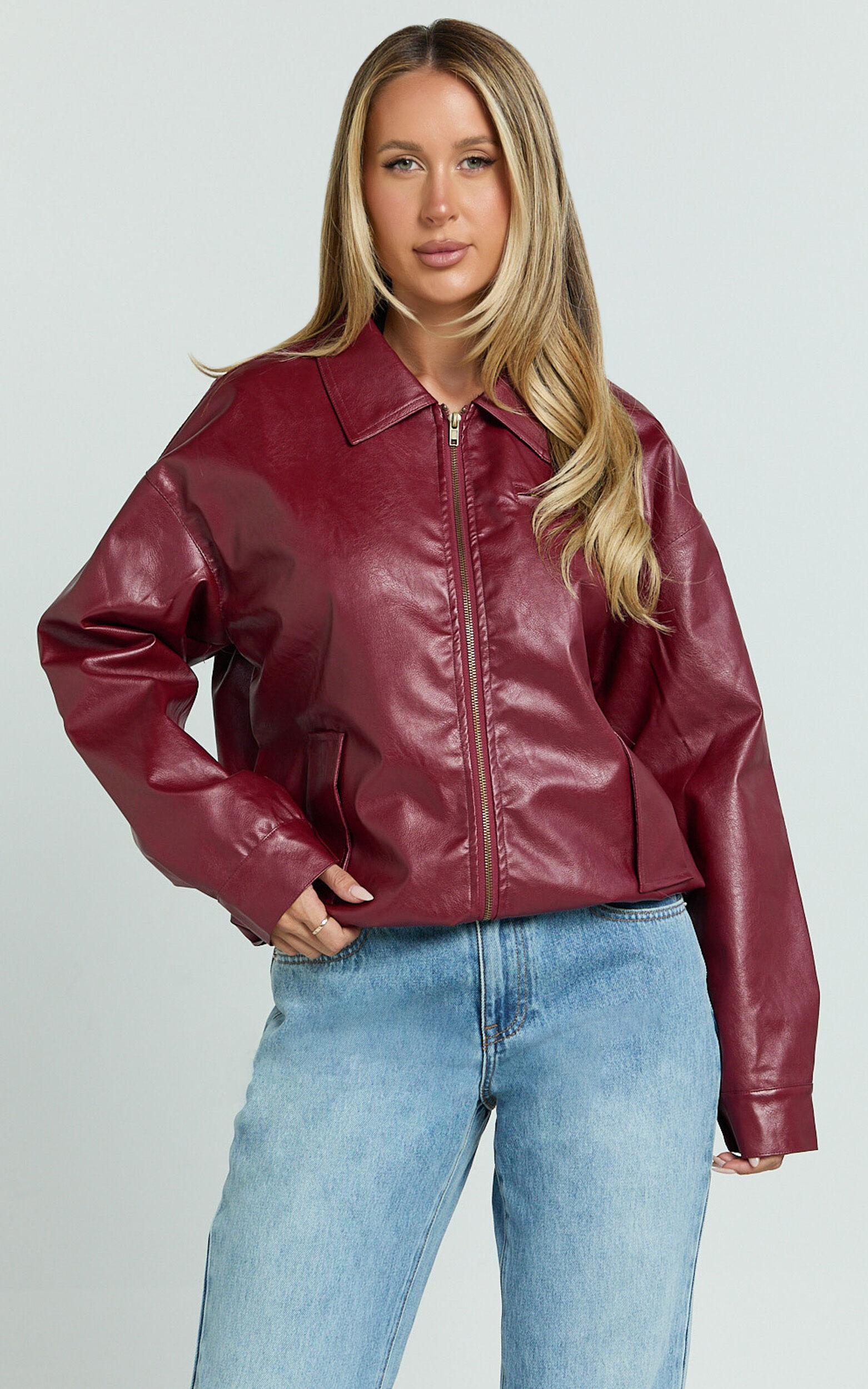 Chloe Jacket - Faux Leather Bomber Jacket in Wine Product Image