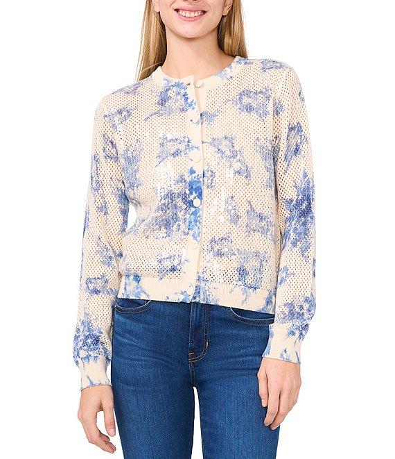 CeCe Sequin Floral Print Crew Neck Long Sleeve Button Front Cardigan Product Image