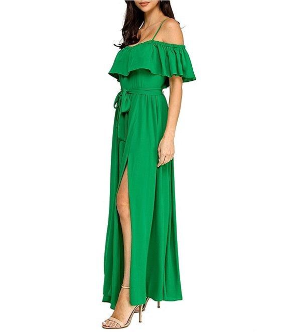 Layered With Love Teri Georgette Off The Shoulder Neck Short Sleeve Ruffle Gown Product Image