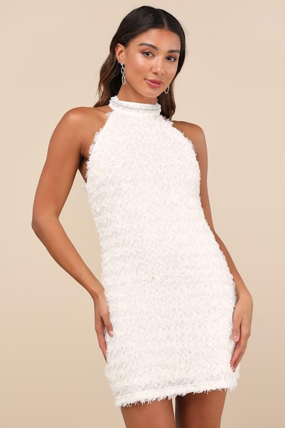 Absolutely Luxe Cream Textured Pearl Halter Mini Dress Product Image