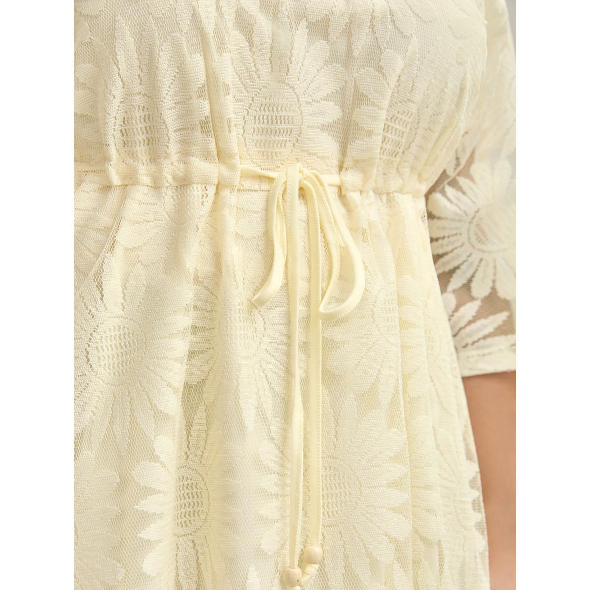 Plus Size Woven Tied Two-Piece Sheer Midi Dress Apricot Women Drawstring V-neck Half Sleeve Curvy BloomChic 18-20/2X Product Image