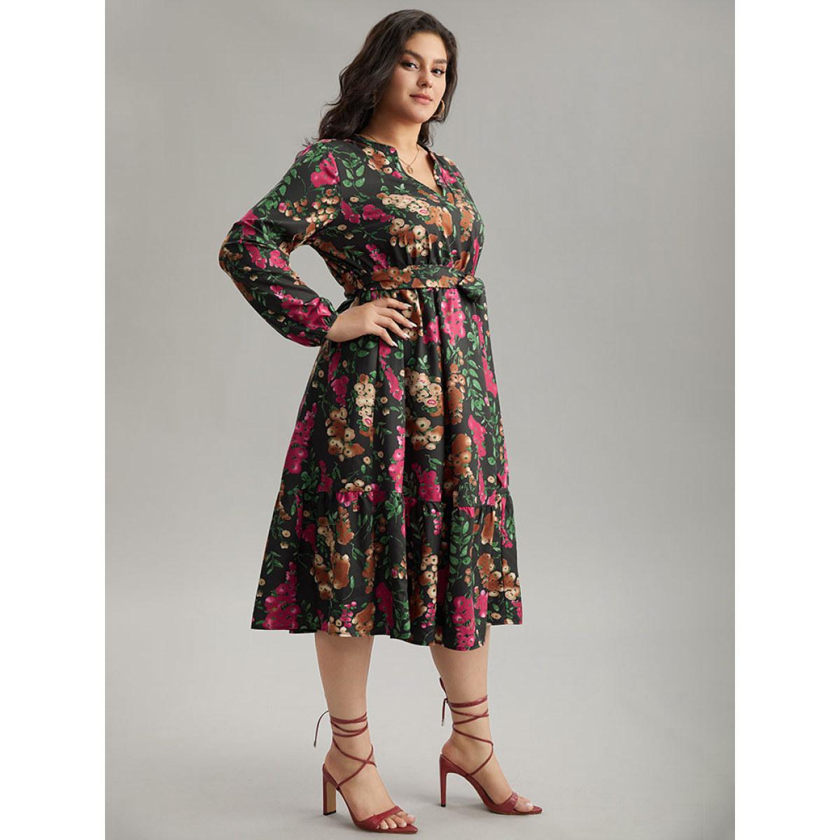 Plus Size Floral Print Belted Elastic Cuffs Dress Black Women Elegant Elastic cuffs Notched collar Long Sleeve Curvy Midi Dress BloomChic 12/L Product Image