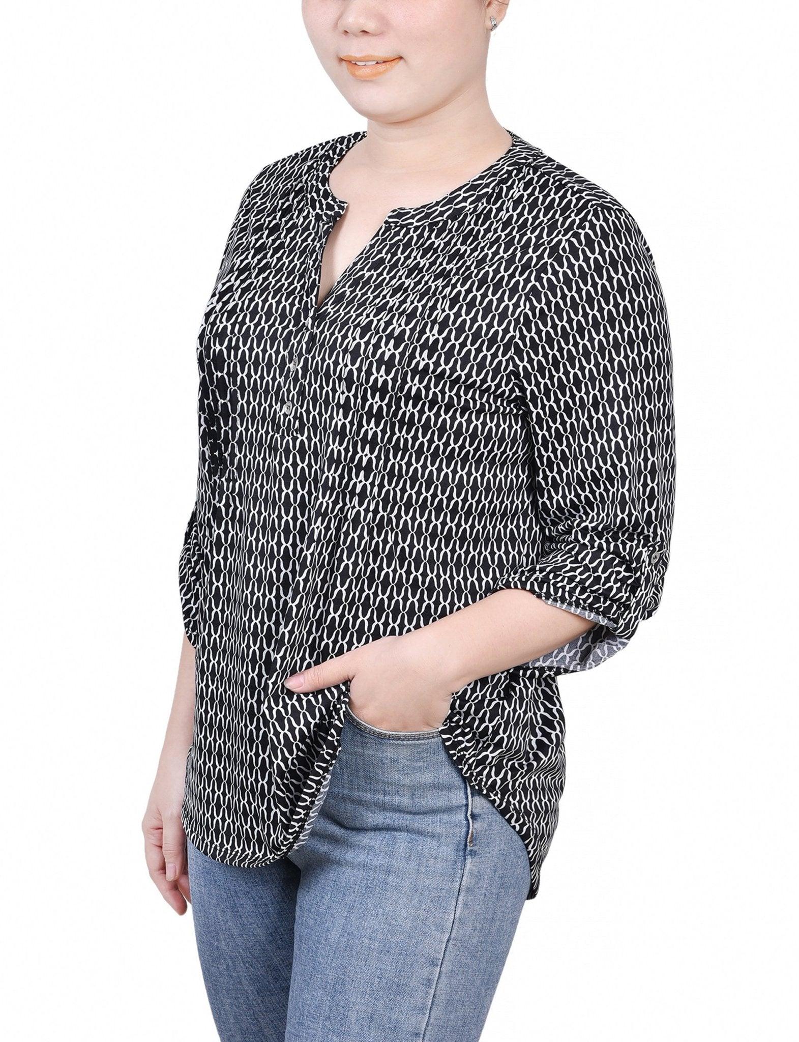 Black White Justin 3/4 Roll Tab Sleeve Y Neck Top - Petite Product Image