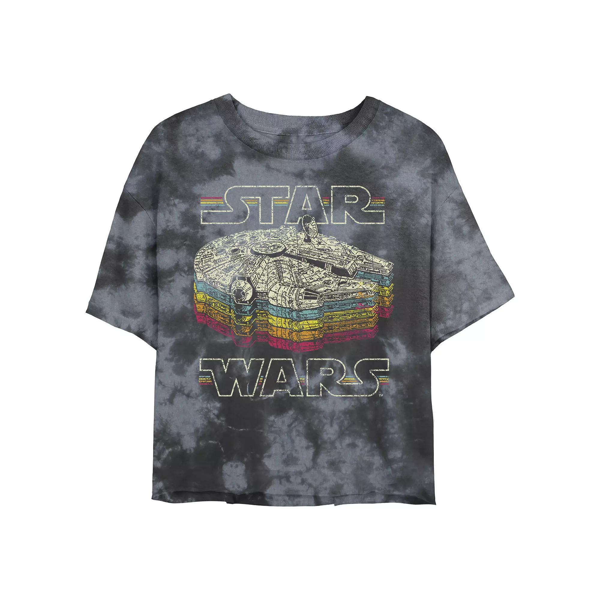 Juniors' Star Wars: Retro Falcon Stacked Logo Wash Graphic Crop Tee, Girl's, Size: Small, Black Grey Product Image