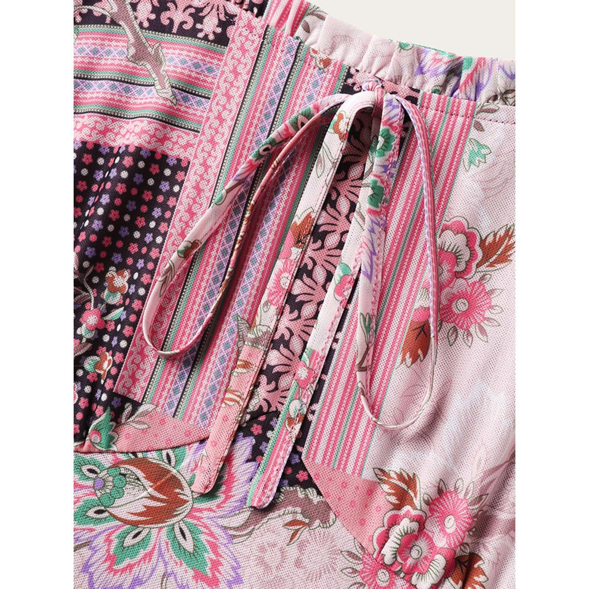 Plus Size Boho Collage Shirred Neck Tie Midi Dress Lightpink Women Heart neckline Cap Sleeve Curvy BloomChic 22-24/3X Product Image