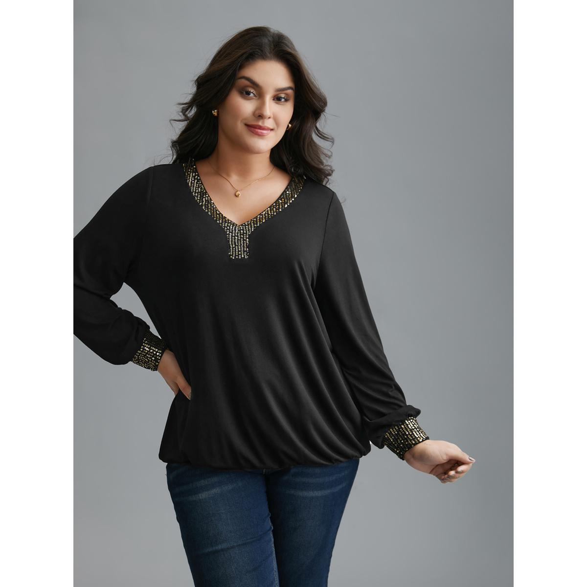 Plus Size Supersoft Essentials Sequin V-Neck T-shirt Black Women Elegant Patchwork V-neck Everyday T-shirts BloomChic 14-16/1X Product Image