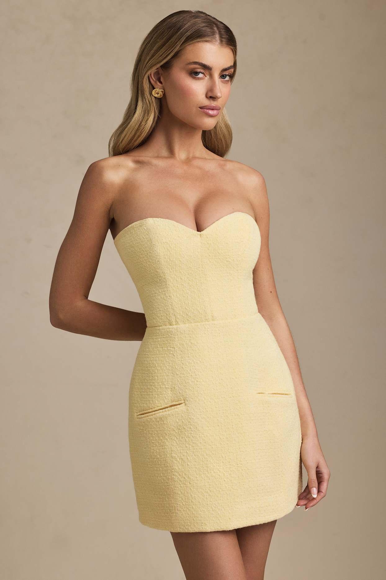 Sweetheart-Neck Strapless Structured Mini Dress in Pastel Yellow Product Image