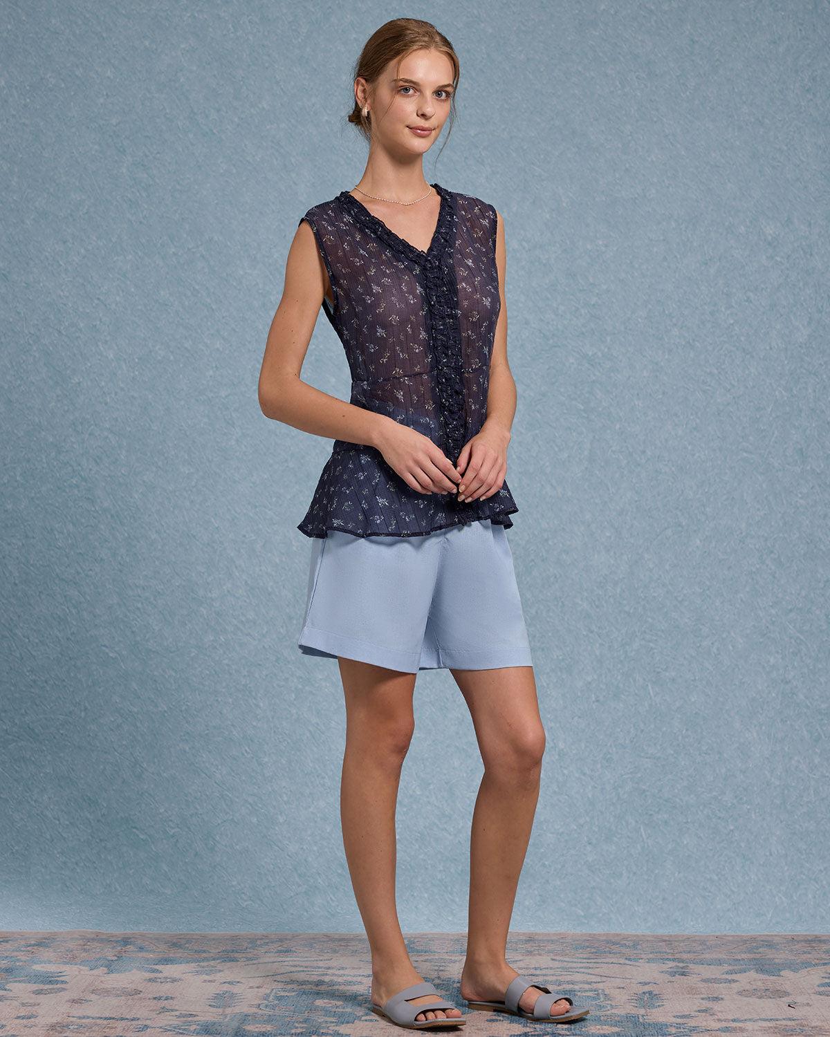 Blue Floral V Neck Button Tank Top Product Image